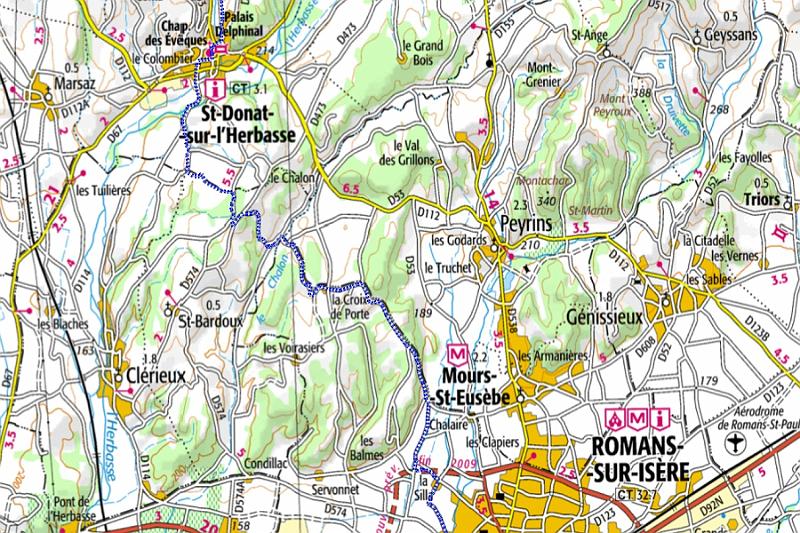 07-07 Karte.jpg - Die siebte und kürzeste Etappe (14 km): Von St-Donat-sur-l'Herbasse zu den Römern an der Isère - nach Romans-sur-Isère